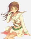  1girl belly blush breasts brown_hair crop_top green green_eyes long_hair looking_at_viewer midriff navel pale_skin school_uniform simple_background sitting skirt small_breasts smile solo white white_background 