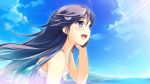  1girl blue_eyes blush breasts cellphone clouds dress flat_chest game_cg happy highres kono_oozora_ni_tsubasa_wo_hirogete long_hair looking_away misagi_isuka ocean open_mouth phone purple_hair sky smile solo sunlight water wind yashima_takahiro 