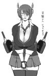  1girl blush breasts ganto huge_breasts kantai_collection monochrome necktie plump short_hair simple_background skirt tagme tenryuu_(kantai_collection) 