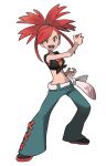  10s 1girl absurdres asuna_(pokemon) belt crop_top denim full_body gym_leader highres holding holding_poke_ball jeans long_hair midriff official_art open_mouth pants poke_ball pokemon pokemon_(game) pokemon_oras ponytail red_eyes redhead shoes simple_background sleeveless smile solo sugimori_ken transparent_background 