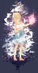  1girl bare_legs barefoot bird blonde_hair book closed_eyes dress kingdom_hearts multicolored_background namine pages paper short_hair sleeveless solo white_dress 