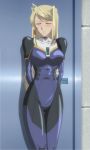  1girl against_wall blonde_hair blush bodysuit breasts closed_eyes iris_rebel long_hair solo soukou_kijo_iris standing stitched tagme thigh_gap 