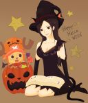  1boy 1girl black_hair book candy cat_tail halloween hat highres jack-o&#039;-lantern kneeling nico_robin one_piece tail tony_tony_chopper witch_hat 