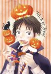  1boy black_cat bow bowtie brown_eyes candy cape cat halloween hat jack-o&#039;-lantern lollipop male_focus monkey_d_luffy mouth_hold one_piece satomi0403 scar solo staff swirl_lollipop vertical-striped_background 