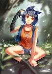  1girl blue_hair goggles lucario personification pokemon red_eyes short_shorts shorts solo 