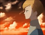  1boy artra_ttt bangs child clouds cloudy_sky from_side jacket jomy_marquis_shin male_focus outdoors profile red_sky sky solo toward_the_terra 