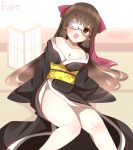  1girl bare_shoulders blush breasts brown_eyes brown_hair cleavage eyepatch female glasses hair_ribbon japanese_clothes kimono long_hair looking_at_viewer md5_mismatch non_(wednesday-classic) open_mouth original photoshop ribbon shy sitting solo surprised sweatdrop text 