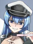  1girl akame_ga_kill! blue_eyes blue_hair esdeath long_hair pregnancy_test smile solo square_enix tattoo 