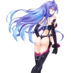  1girl :3 ass bare_shoulders blue_hair bodysuit breasts choujigen_game_neptune cleavage dominatrix elbow_gloves gloves gradient_hair highres iris_heart kami_jigen_game_neptune_v large_breasts long_hair looking_at_viewer looking_back multicolored_hair neptune_(series) official_art pururut red_eyes solo symbol-shaped_pupils thigh-highs thong transparent_background tsunako very_long_hair violet_eyes 