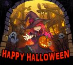  1girl bird cat crow female ghost gloves halloween hat jack-o&#039;-lantern original pumpkin skeleton skull tagme ume_(illegal_bible) witch witch_hat yellow_eyes 