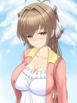  1girl ahoge amagi_brilliant_park blush breasts brown_eyes brown_hair cleavage hair_intakes hair_ribbon jacket large_breasts long_hair open_clothes open_jacket ponytail ribbon sento_isuzu solo standing yellow_eyes 