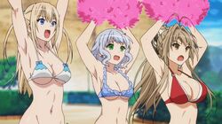  3girls amagi_brilliant_park animated animated_gif antenna_hair armpits bikini blonde_hair blue_eyes blue_hair breasts brown_hair cleavage dancing earrings green_eyes hair_ribbon hair_tie jewelry large_breasts long_hair multiple_girls muse_(amaburi) navel pom_poms ribbon sento_isuzu swimsuit sylphy_(amaburi) toned under_boob yellow_eyes 