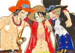  3boys abs black_hair blonde_hair bracelet brothers closed_eyes cravat freckles gloves goggles hat jewelry looking_at_viewer maruco007 monkey_d_luffy multiple_boys necklace one_piece open_clothes open_mouth open_shirt portgas_d_ace red_shirt sabo_(one_piece) scar shirt shueisha siblings smile smiley stampede_string straw_hat top_hat topless trio 