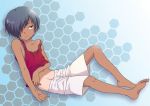  1boy barefoot dark_skin feet gonta_kahoru ikezawa_kazuma male_focus navel pants_down short_hair simple_background sitting solo summer_wars tan tank_top tanline toes 