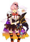  1girl candy cape ebippoid female halloween hat highres jakuzure_nonon kill_la_kill pink_hair ribbon skirt skull solo thigh-highs transparent_background witch_hat 