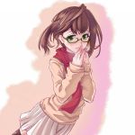  1girl alternate_costume blush brown_hair commentary_request eyebrows glasses gradient gradient_background green_eyes hair_ornament hairclip hands_together highres kantai_collection long_sleeves looking_at_viewer okinami_(kantai_collection) pleated_skirt red_scarf scarf shirasaki_(19295604) short_hair skirt solo sweater 