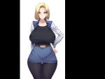 1girl android_18 belt blonde_hair blue_eyes breasts collarbone dragon_ball dragonball_z earrings highres huge_breasts jacket jewelry legs looking_at_viewer lunatic_orgasm pantyhose sagging_breasts serious short_hair simple_background skirt solo standing thighs 