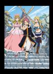  1boy 2girls blonde_hair blue_eyes breasts brown_eyes dress fairy_tail highres imitatia_(fairy_tail) large_breasts lucy_heartfilia michelle_lobster midriff multiple_girls natsu_dragneel official_art pink_hair stairs tattoo whip windmill 