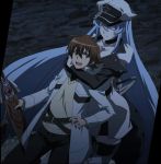  1boy 1girl akame_ga_kill! blue_hair breasts brown_hair colored_eyelashes esdeath hat highres hug large_breasts long_hair night smile square_enix standing stitched tatsumi_(akame_ga_kill!) tattoo 