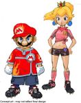  1boy 1girl blonde_hair blue_eyes cleats concept_art earrings hat jewelry lips looking_at_viewer mario super_mario_bros. midriff navel nintendo official_art princess_peach super_mario_bros. super_mario_strikers 