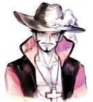  1boy chinstrap crossed_arms dracule_mihawk hat hat_feather jewelry lining male_focus necklace one_piece open_clothes open_shirt popped_collar shichibukai shirt solo yamsong yellow_eyes 