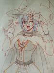  1girl aqua_(kingdom_hearts) belt blue_eyes blue_hair breasts cape cleavage fang gloves halloween hat kingdom_hearts short_hair wink witch_hat 
