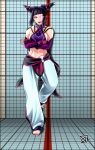  1girl aceshadow black_hair crossed_arms fingerless_gloves gloves glowing glowing_eye han_juri licking_lips looking_at_viewer midriff navel solo standing street_fighter tongue tongue_out violet_eyes 