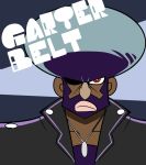  1boy afro beard black_hair character_name dark_skin facial_hair formal garterbelt_(psg) gokuu_(acoloredpencil) jewelry looking_at_viewer male_focus necklace official_style panty_&amp;_stocking_with_garterbelt red_eyes solo suit 
