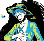  1boy character_name color_palette hat limited_palette long_sleeves male_focus monkey_d_luffy one_piece open_clothes open_mouth open_shirt palette scar shirt smile solo straw_hat yamsong 
