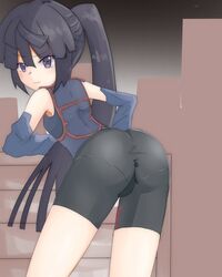  1girl akatsuki_(log_horizon) ass bare_shoulders bike_shorts black_eyes black_hair blush female from_behind katsuda_(katonnbootita) leaning leaning_forward log_horizon long_hair looking_at_viewer ponytail solo wavy_mouth 