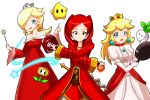  3girls alternate_color book chiko_(mario) crown dress fire fire_emblem fire_emblem:_kakusei fire_flower fireball frying_pan hood multiple_girls my_unit my_unit_(fire_emblem:_kakusei) nintendo power-up princess_peach red rosetta_(mario) super_mario_bros. super_mario_galaxy super_smash_bros. sword turnip wand weapon 