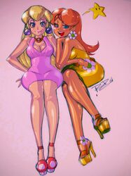  2girls blonde_hair blue_eyes breasts brown_hair dress earrings eyeshadow happy high_heels jewelry legs makeup multiple_girls nintendo pink_dress princess_daisy princess_peach robert_porter star super_mario_bros. super_mario_land thighs yellow_dress 