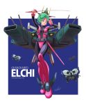  1girl 80s blue_eyes bodysuit elchi_cargo female gear_gear green_hair headband highres mecha oldschool ryuji_umeno scabbard sentou_mecha_xabungle sheath sword turret weapon 