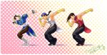  1girl 2boys baggy_pants baseball_cap boots bracelet braid bridal_gauntlets brothers brown_hair capcom chinese_clothes chun-li clenched_hand dancing f-15jrs gradient gradient_background hair_ornament hat jewelry multiple_boys pants pantyhose polka_dot polka_dot_background puffy_short_sleeves puffy_sleeves shoes short_sleeves siblings single_braid sneakers spiky_hair street_fighter street_fighter_iii studded_bracelet sweatdrop trio twins white_boots yang_lee yun_lee 