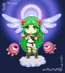  1girl chibi clouds cosplay costume_switch green_hair highres jewelry kid_icarus long_hair lots_of_jewelry palutena solo very_long_hair yuyukong 