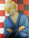  1boy alternate_costume blonde_hair checkered checkered_background cigarette crossed_arms hair_over_one_eye japanese_clothes male_focus one_piece rascal_(fc3srx-75480) sanji smile smoking solo 