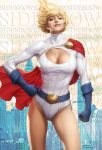  1girl belt blonde_hair blue_eyes breasts cape cleavage cleavage_cutout dc_comics gloves hand_on_hip kryptonian large_breasts leotard power_girl red_cape short_hair smirk solo stanley_lau watermark 