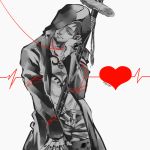  1boy ag_wolf agito013 ekg heart hood male_focus monochrome one_piece open_clothes open_shirt red shirt solo spot_color string tattoo trafalgar_law 