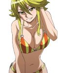  1girl akame_ga_kill! bikini blonde_hair blush breasts cleavage large_breasts leone long_hair simple_background smile standing stitched swimsuit white_background yellow_eyes 