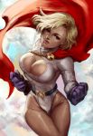  1girl alien blonde_hair blue_eyes blue_gloves cape cleavage_cutout clouds cutout dc_comics female flying gloves kryptonian long_sleeves power_girl ramen_(aquare9ia) red_cape short_hair smile solo 