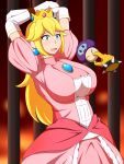  1girl blue_eyes bowser breasts crown dress earrings elbow_gloves female gloves huge_breasts jewelry lactone long_hair super_mario_bros. mushroom nintendo open_mouth princess_peach restrained solo_focus super_mario_bros. 