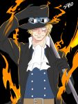  1boy ag_wolf agito013 blonde_hair character_name cravat fire formal gloves hand_on_headwear hat_over_one_eye jacket male_focus one_piece pole sabo_(one_piece) scar solo suit 