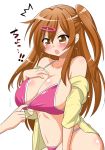  1girl bikini blush bra bra_pull breasts brown_eyes brown_hair chuunibyou_demo_koi_ga_shitai! cleavage collarbone hair_ornament hairclip hasemi_ryou large_breasts long_hair male_hand nibutani_shinka open_clothes open_shirt pink_bikini pink_swimsuit shirt side_ponytail simple_background solo_focus standing swimsuit underwear white_background 