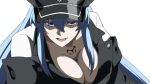  1girl akame_ga_kill! blue_eyes blue_hair breasts cleavage colored_eyelashes esdeath hat large_breasts long_hair military military_uniform open_mouth peaked_cap simple_background uniform very_long_hair white_background 