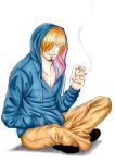  1boy alternate_costume blonde_hair cigarette hair_over_one_eye hood hoodie indian_style male_focus one_piece rascal_(fc3srx-75480) sanji simple_background sitting smile smoking solo 