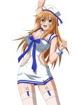  00s 1girl blonde_hair blush breasts costume dress green_eyes hat ikkitousen large_breasts long_hair official_art open_mouth smile sonsaku_hakufu standing thigh-highs white_background 