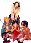  1girl 3boys bandanna black_hair blonde_hair brothers closed_eyes east_blue family freckles hat headwear_removed long_sleeves makino_(one_piece) monkey_d_luffy multiple_boys one_piece open_mouth pole portgas_d_ace sabo_(one_piece) sandals shirt shorts siblings sitting skirt smile stampede_string straw_hat t-shirt tank_top translation_request tsuyomaru younger 