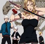  1girl 3boys black_dress bleach blonde_hair blue_eyes breasts cleavage dress formal hands_on_hips hitsugaya_toushirou ichimaru_gin large_breasts long_hair matsumoto_rangiku mole motsu_(f0204) multiple_boys necktie skeleton standing strapless strapless_dress sword weapon white_hair 