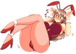  1girl animal_ears ass bach bare_shoulders blush breasts brown_eyes brown_hair bunny_girl bunny_tail bunnysuit female hair_ornament high_heels large_breasts legs leotard long_hair lying on_back original pantyhose rabbit_ears shoes simple_background solo tail thick_thighs thighs white_background 