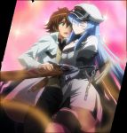  1boy 1girl akame_ga_kill! blue_hair blush breasts brown_hair closed_eyes colored_eyelashes esdeath green_eyes hat highres large_breasts long_hair smile square_enix stitched tatsumi_(akame_ga_kill!) tattoo uniform 